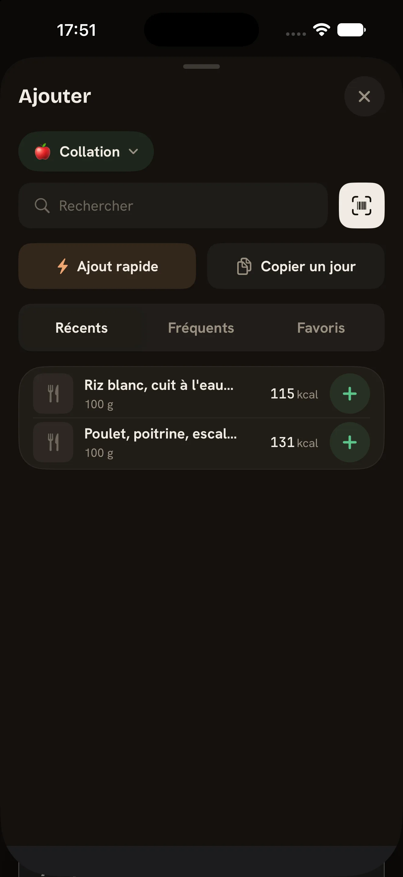 ark.fit — Sheet Ajouter : recherche, scan et ajout rapide