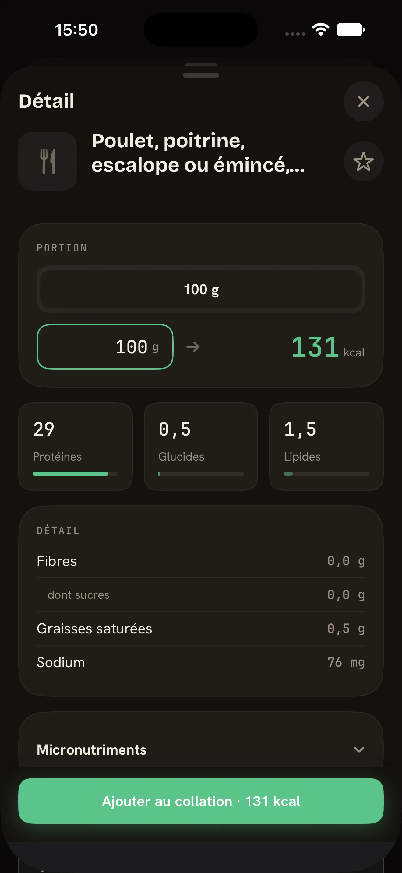 ark.fit — Fiche aliment : portion, macros et micronutriments