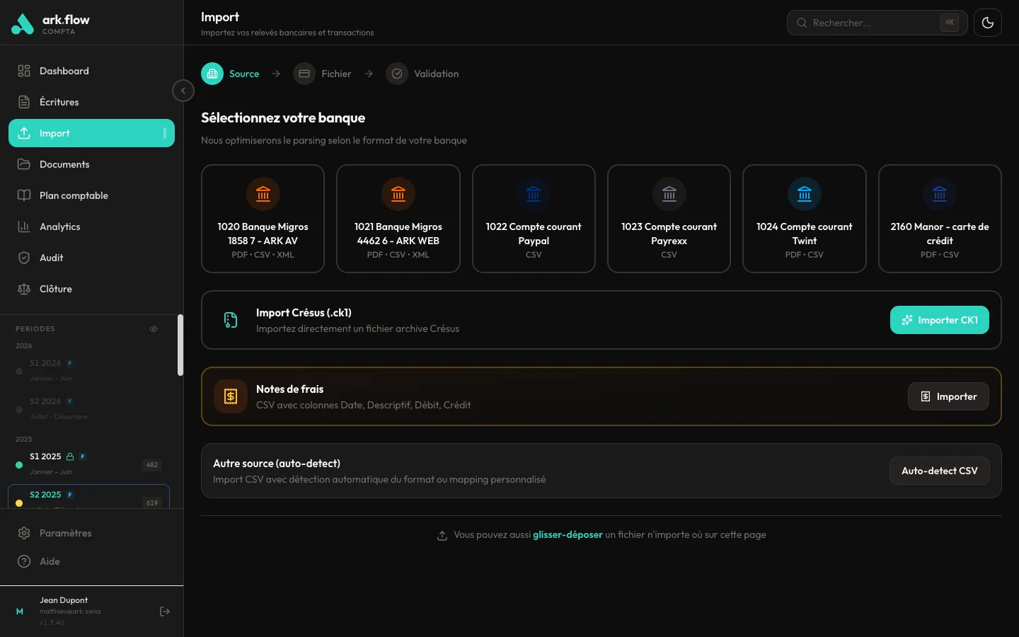 ark.flow compta — Import multi-sources automatisé