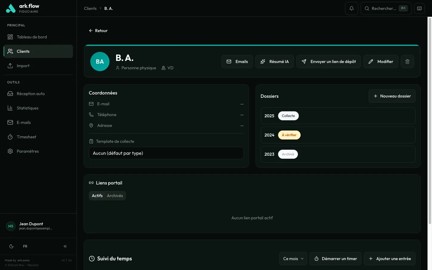 ark.flow fiduciaire — Fiche client avec dossiers fiscaux