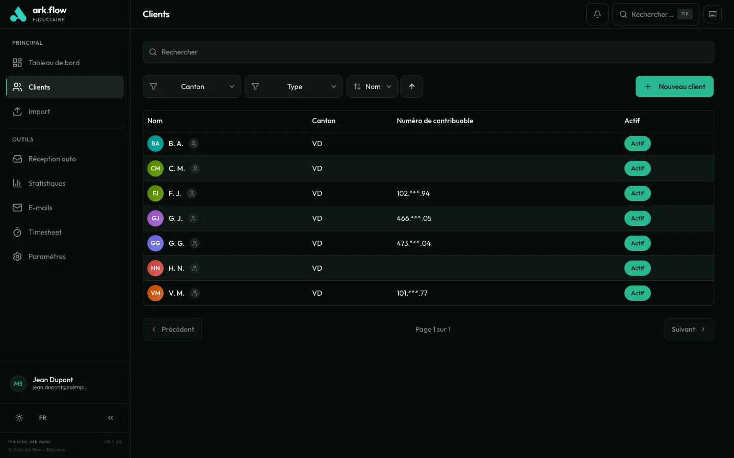 ark.flow fiduciaire — Liste des clients avec numéros de contribuable