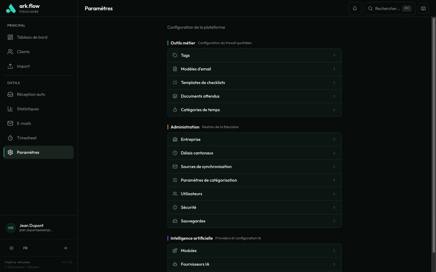 ark.flow fiduciaire — Paramètres et modules