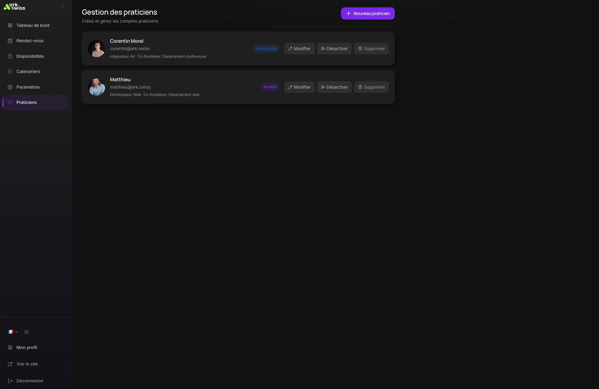 ark.plan - Gestion praticiens