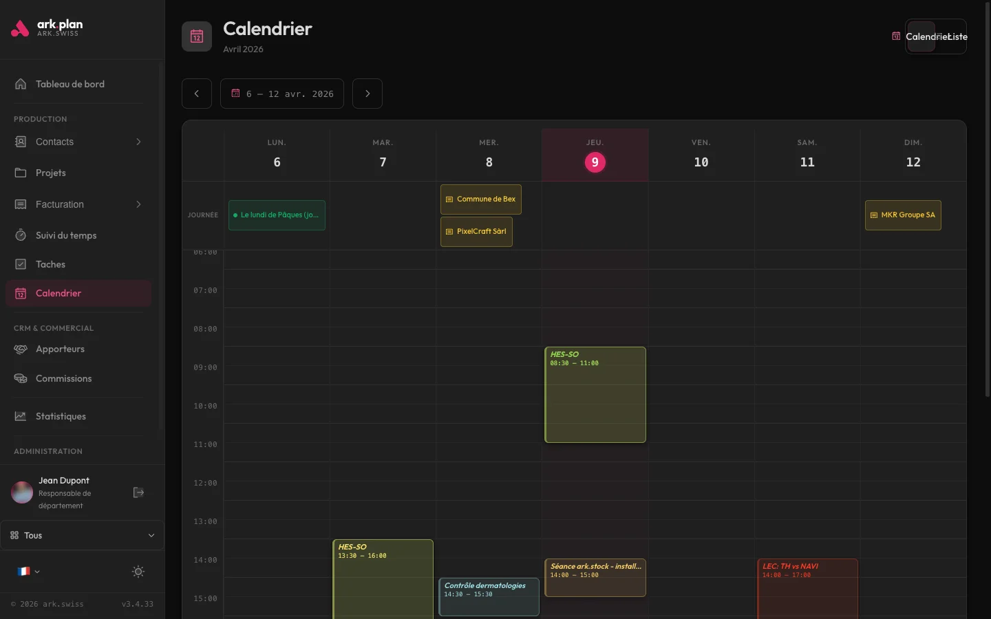 ark.plan — Calendrier des rendez-vous avec vue hebdomadaire