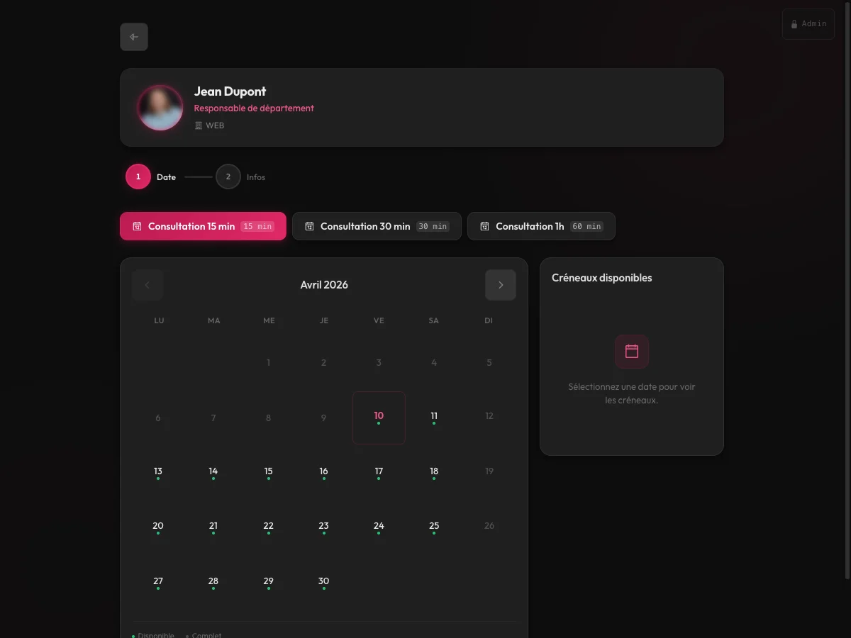ark.plan — Booking avec calendrier sur tablette