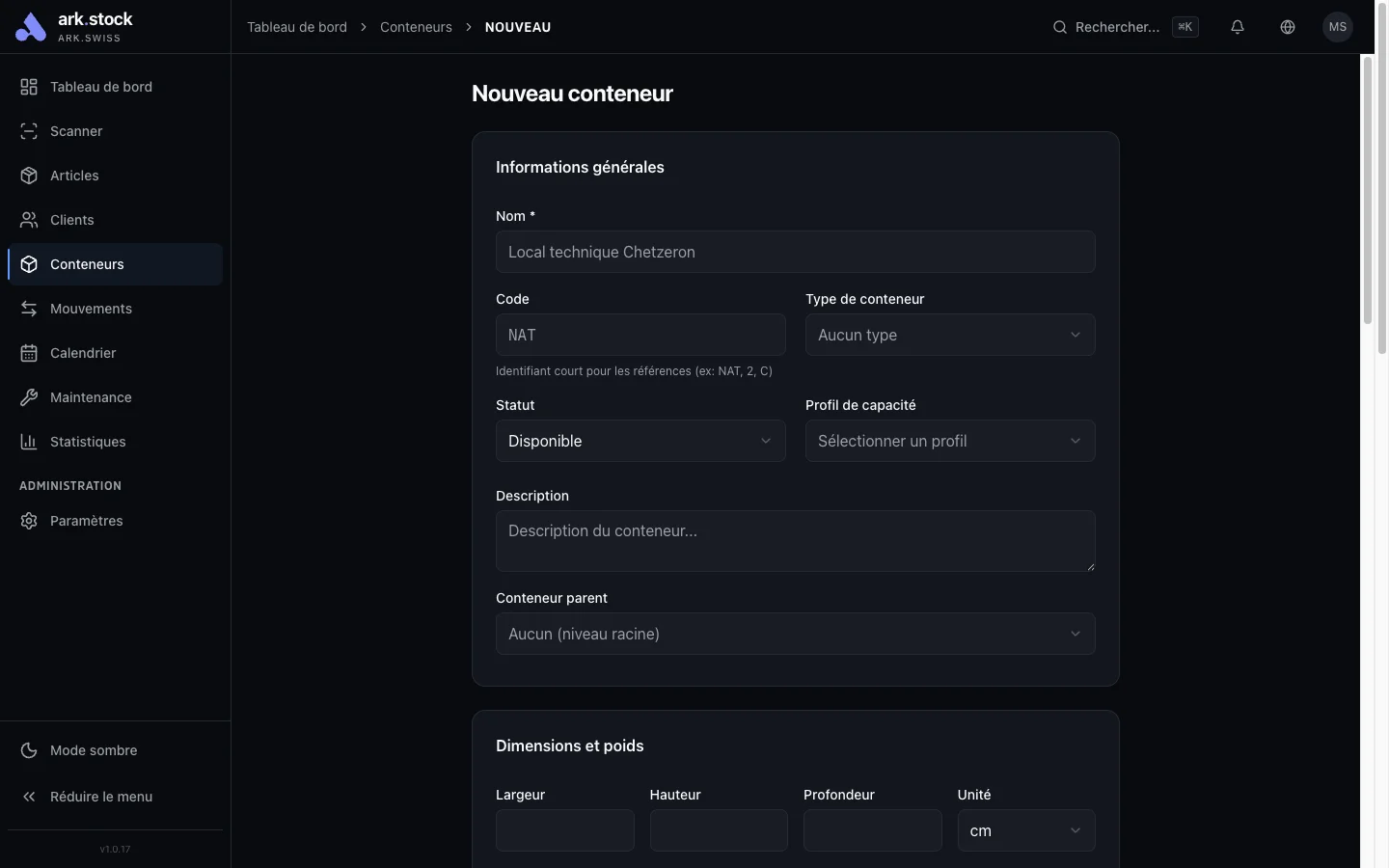 ark.stock - Création et édition d'un conteneur