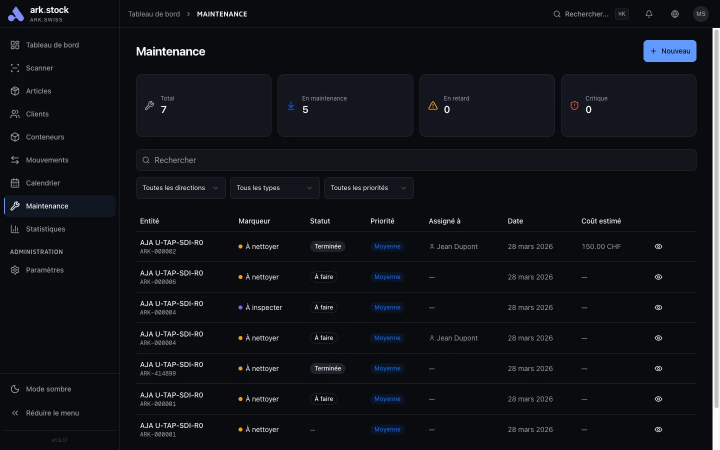 ark.stock - Planning de maintenance