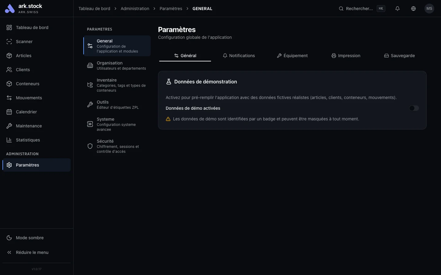 ark.stock - Paramètres et modules