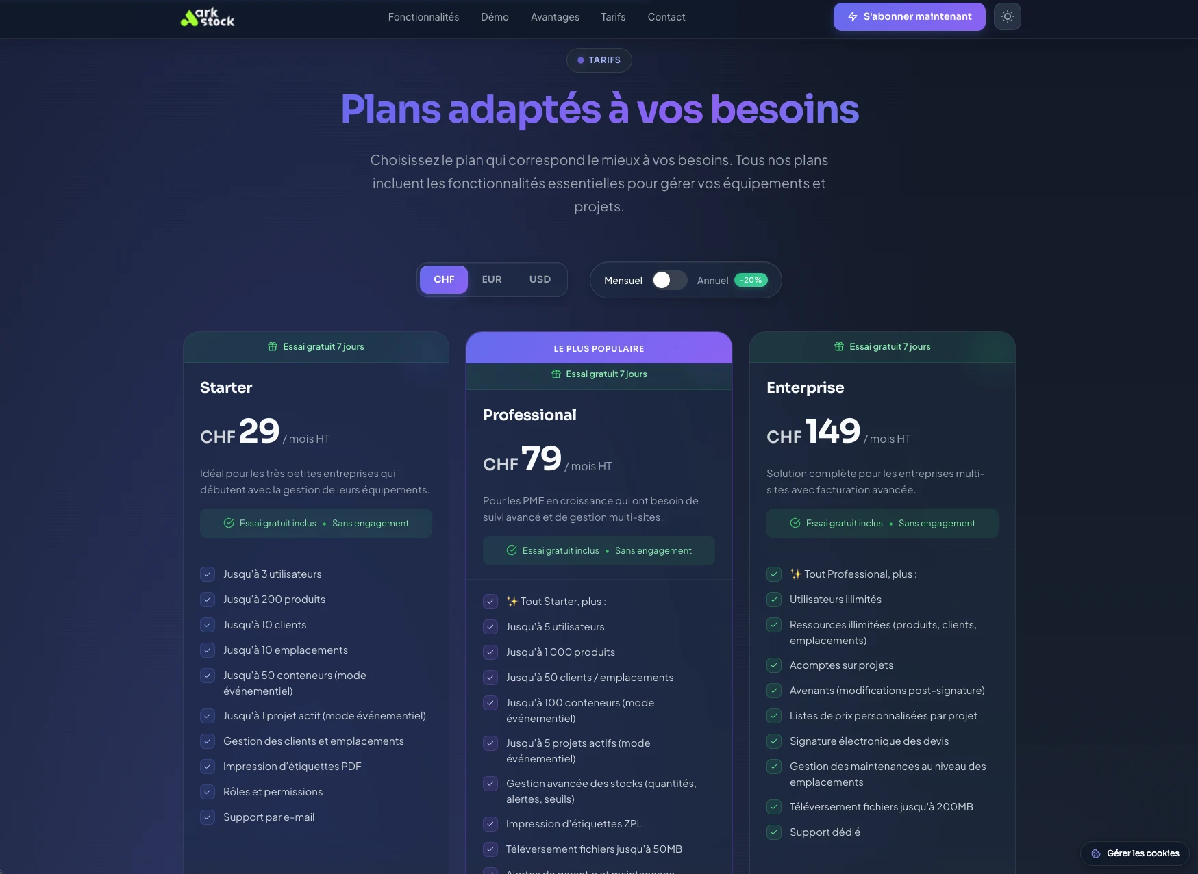 ark.stock - Plans tarifaires