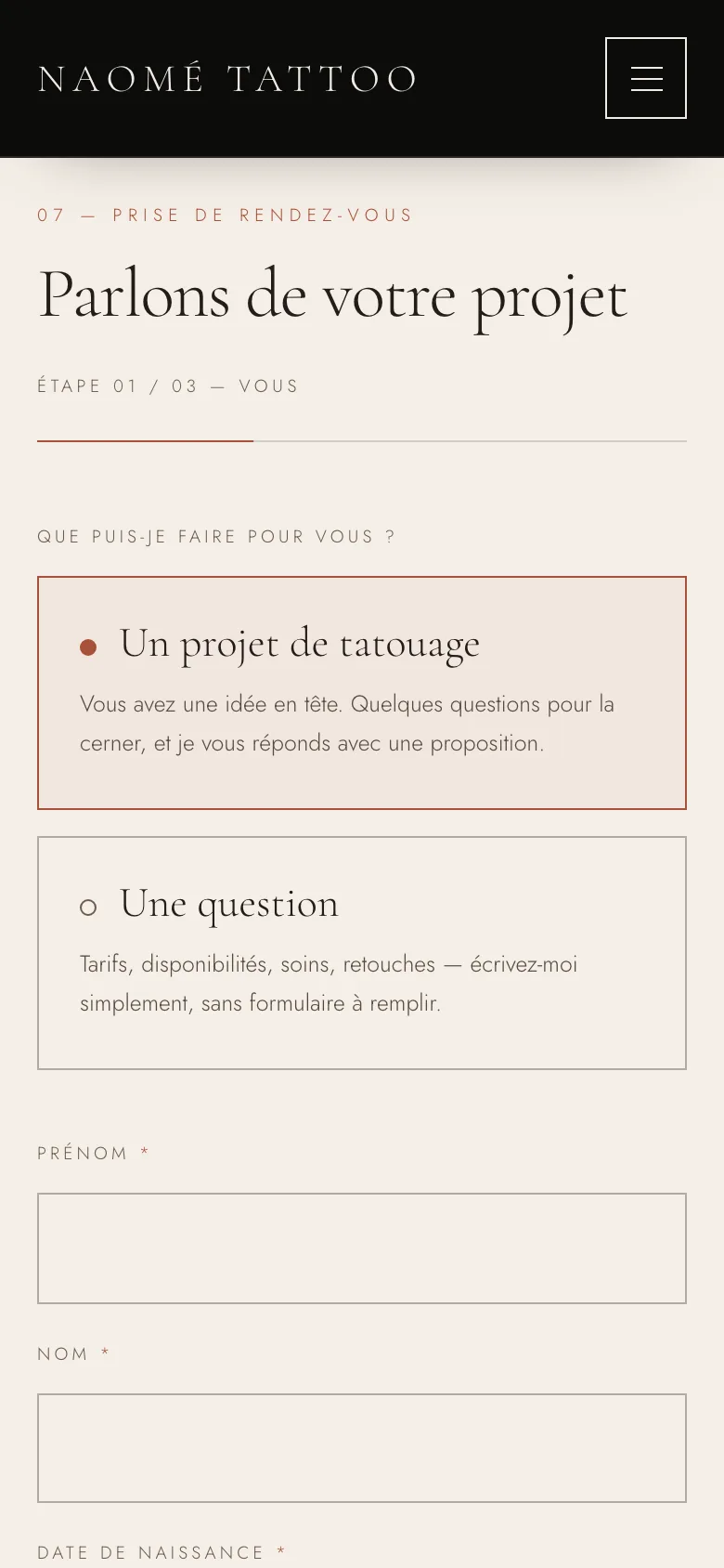 Naomé Tattoo — formulaire sur mobile