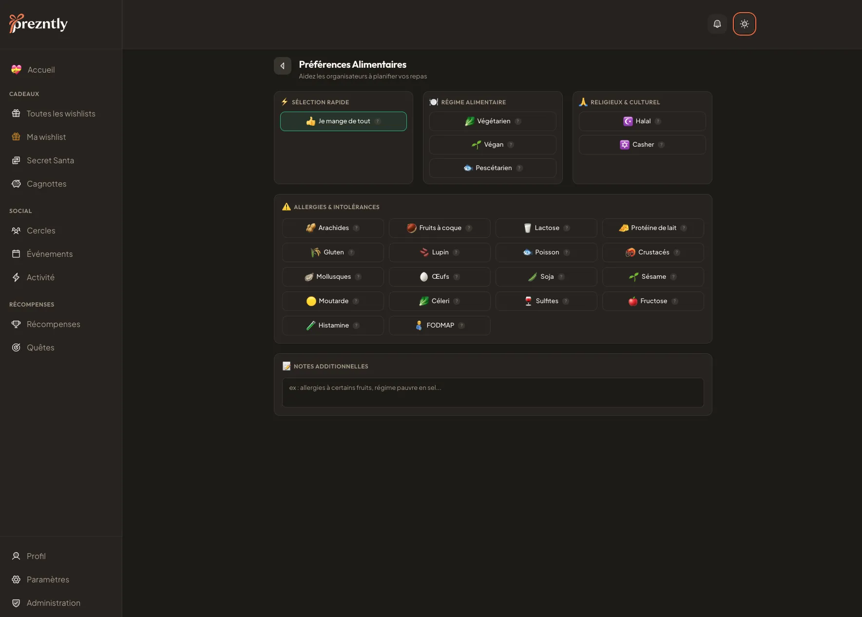 Prezntly - Préférences alimentaires