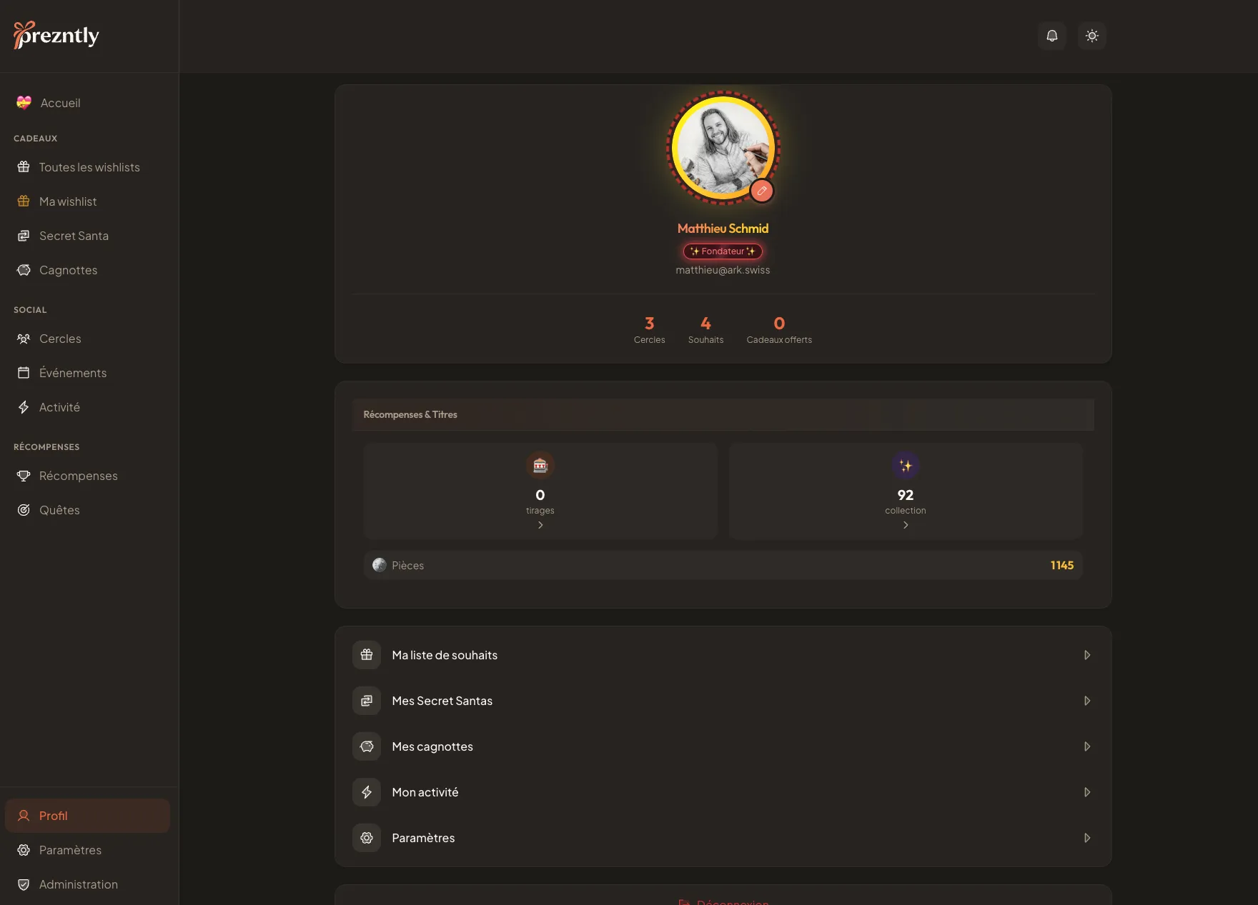 Prezntly - Profil utilisateur