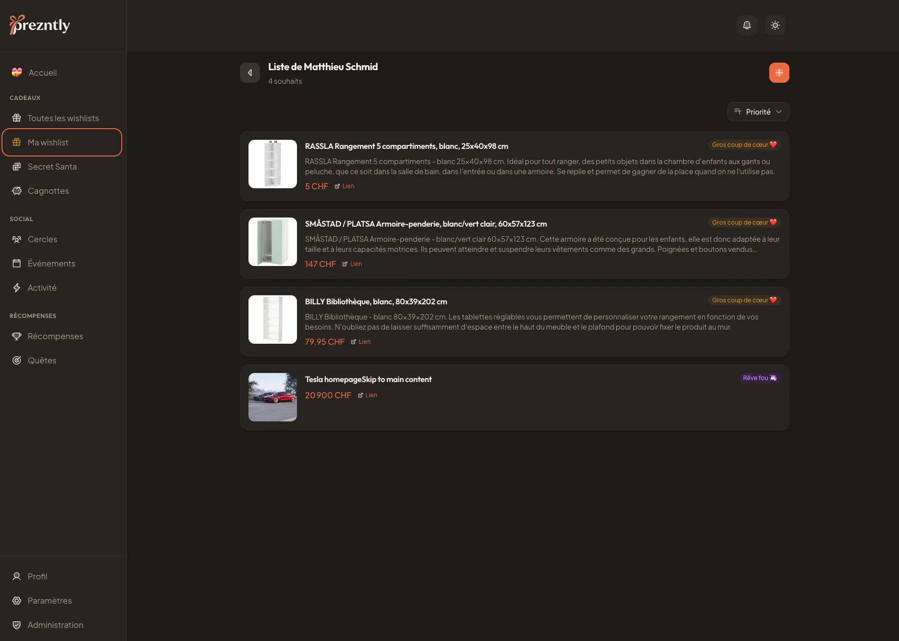 Prezntly - Détail wishlist