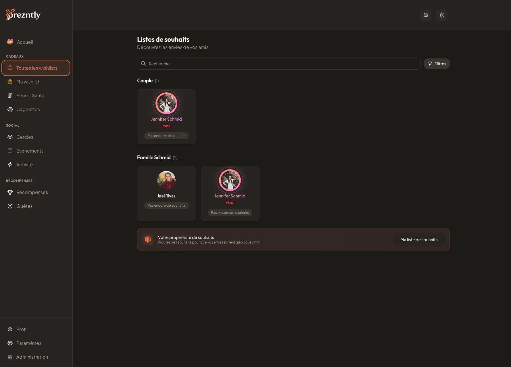 Prezntly - Listes de souhaits