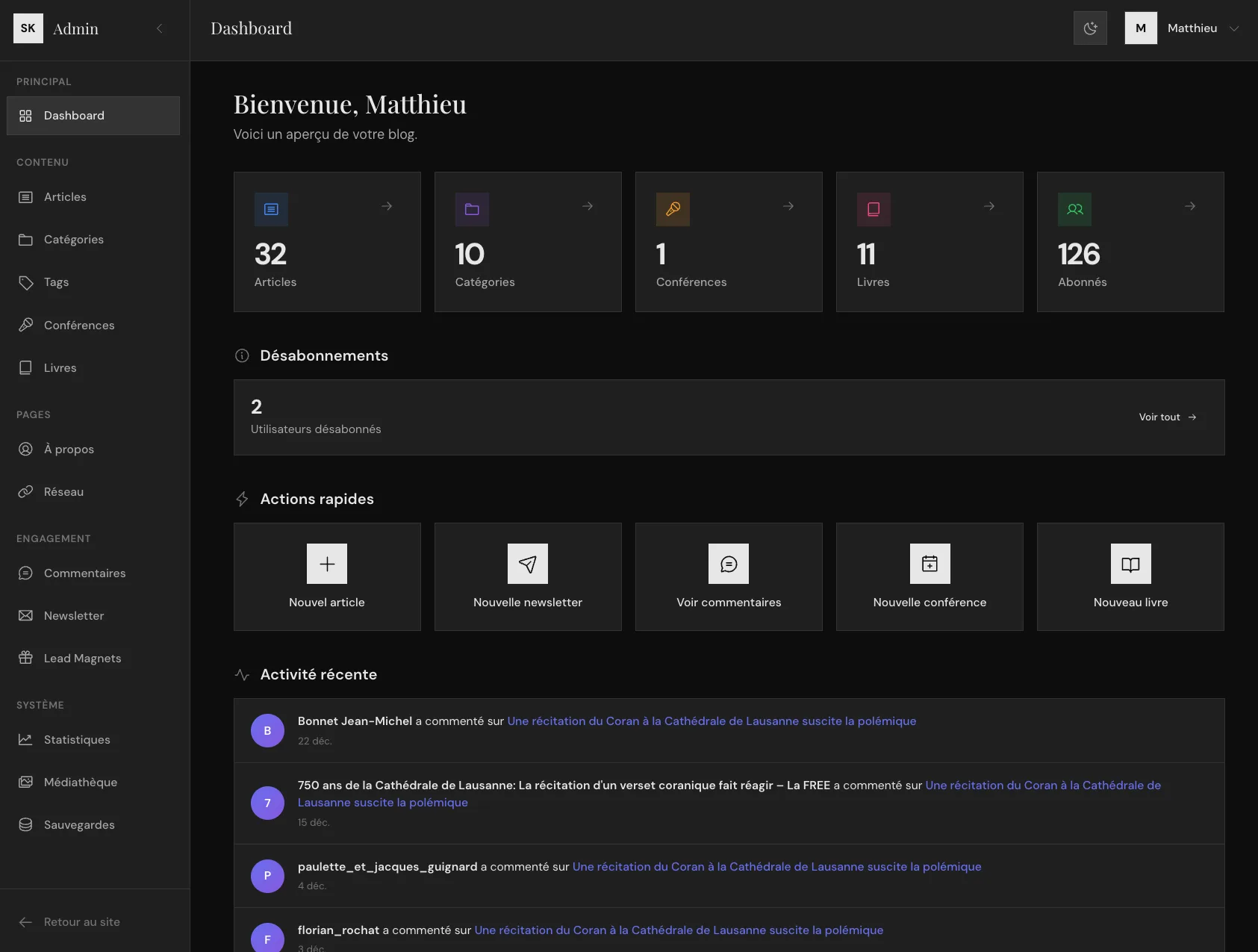 Shafique Blog - Dashboard d'administration